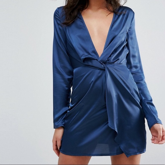 Missguided Dresses & Skirts - Silky Plunge Wrap Shift Dress Navy
